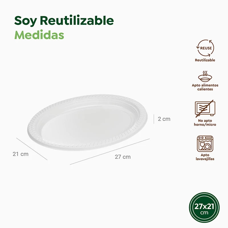 Inspiracion con Reusable PS Plastic Oval Dinner Plate 27 x 21 cm White