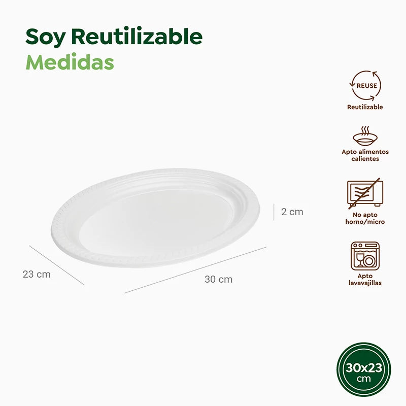 Plato Llano Ovalado Plástico PS Reutilizable 30 x 23 cm Blanco