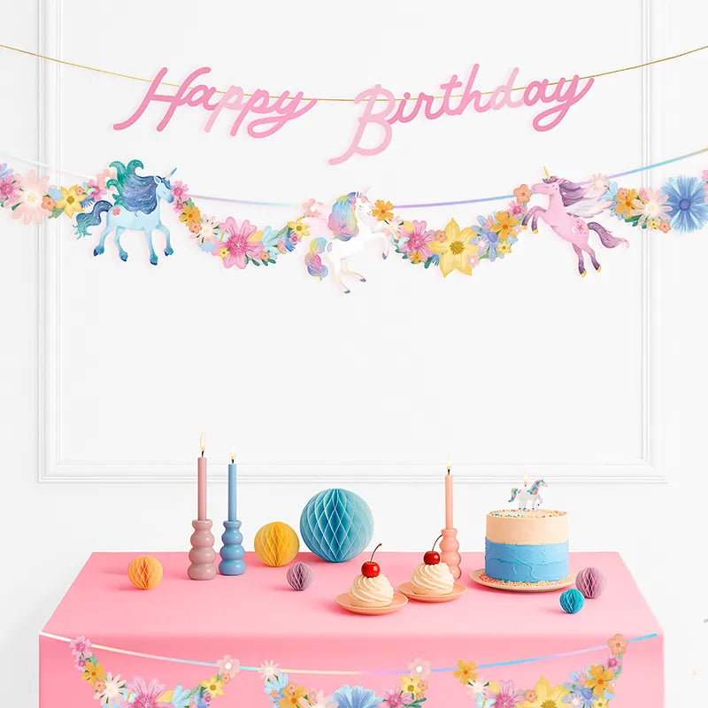 Guirlanda Dupla de Cartão 'Feliz Aniversário' Unicórnios Mágicos