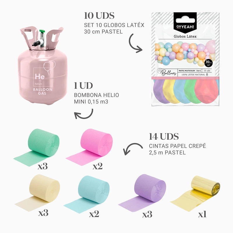 Ensemble de ballons en latex avec rubans en crêpe et bouteille d'hélium de 0,15 m3