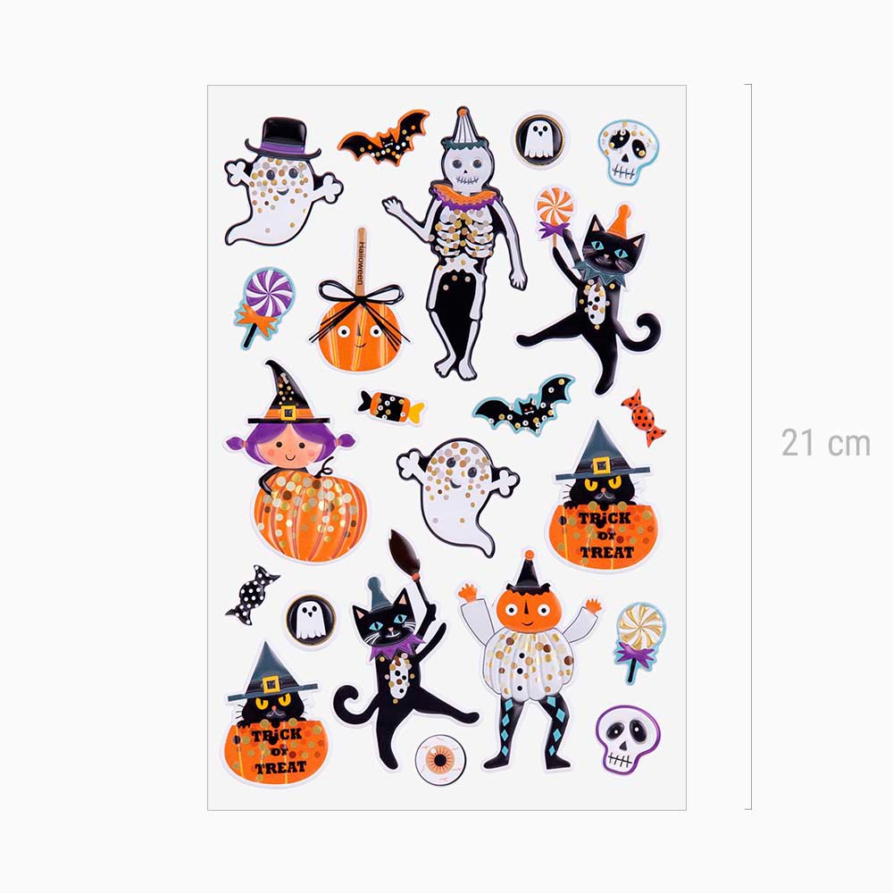 Halloween skeleton and pumpkins relief stickers
