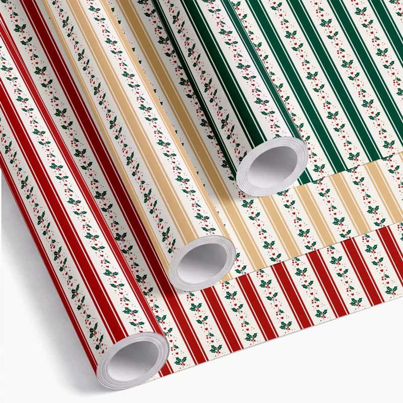 Gift Wrapping Paper 70 cm x 2 m Holly with Stripes Atelier del Regalo