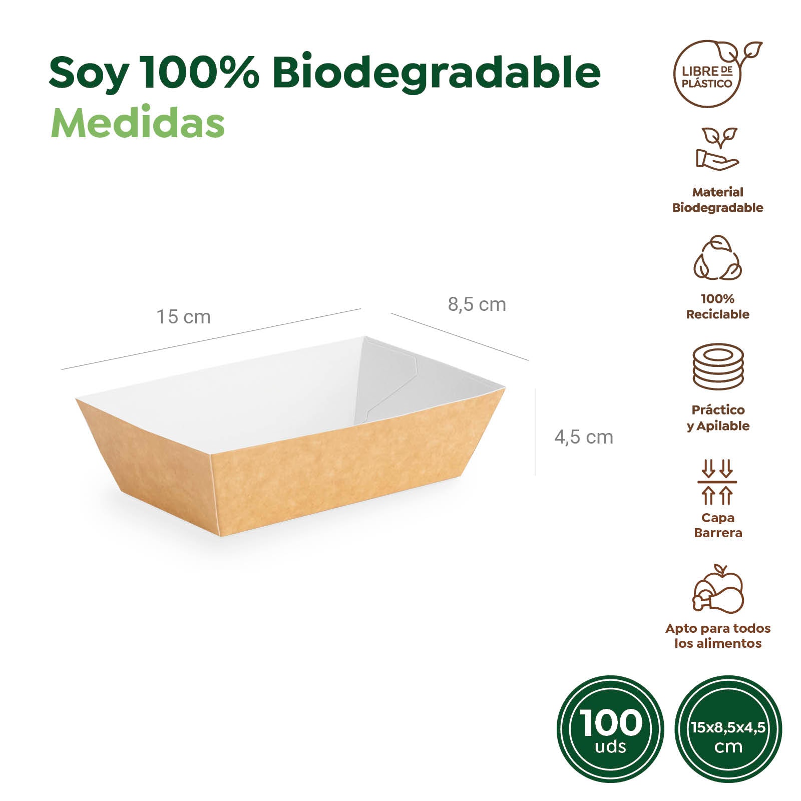 Barqueta Rectangular Cartón Kraft 15 x 8.5 x 4.5 cm - Take Away (100 uds)