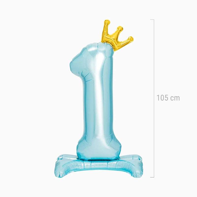 Globo con Base Foil Número 1 Corona Azul Pastel (Sin Helio)