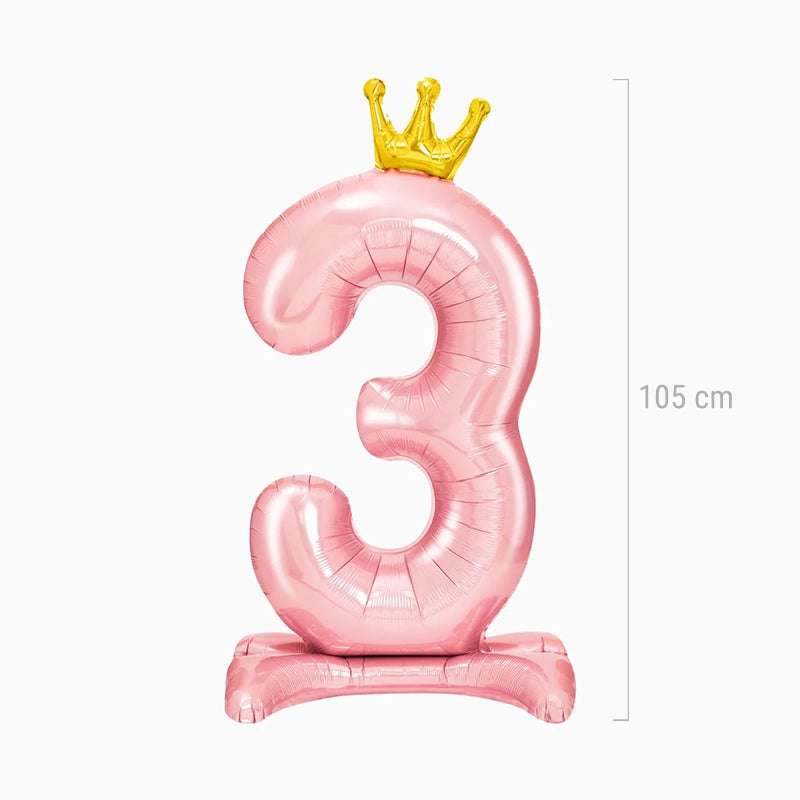 Globo con Base Foil Número 3 Corona Rosa Pastel (Sin Helio)
