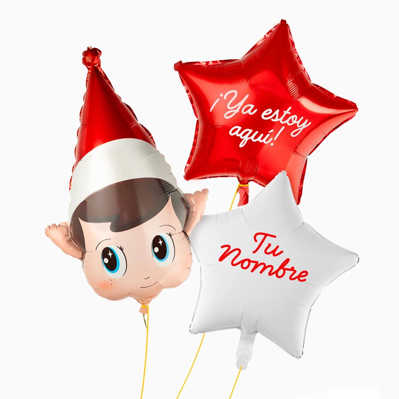 Set Globo Foil Cabeza Elfo Mágico con Estrella Roja y Estrella Blanca Personalizado Vinilo Rojo