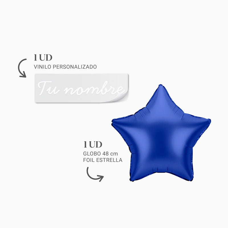 Globo Foil Estrella Azul Marino Personalizado Nombre Vinilo Blanco