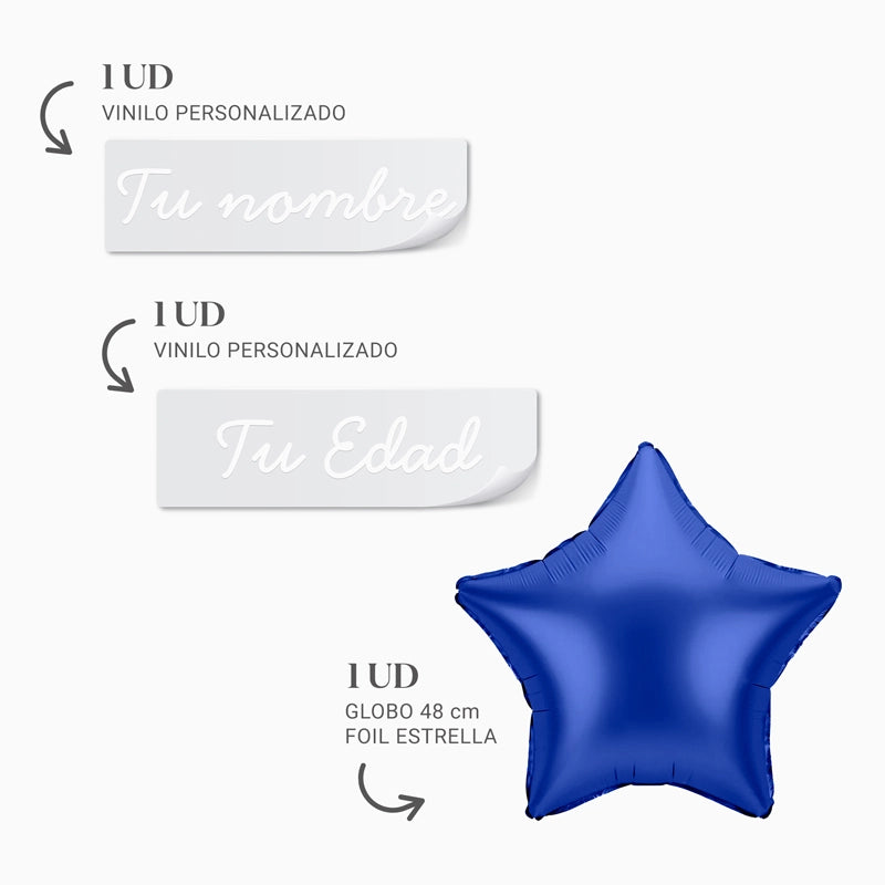 Globo Foil Estrella Azul Marino Personalizado Nombre y Edad Vinilo Blanco