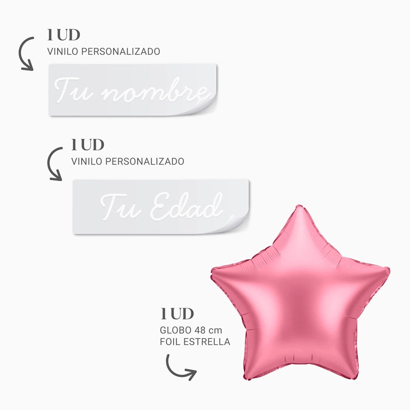 Globo Foil Estrella Rosa Personalizado Nombre y Edad Vinilo Blanco