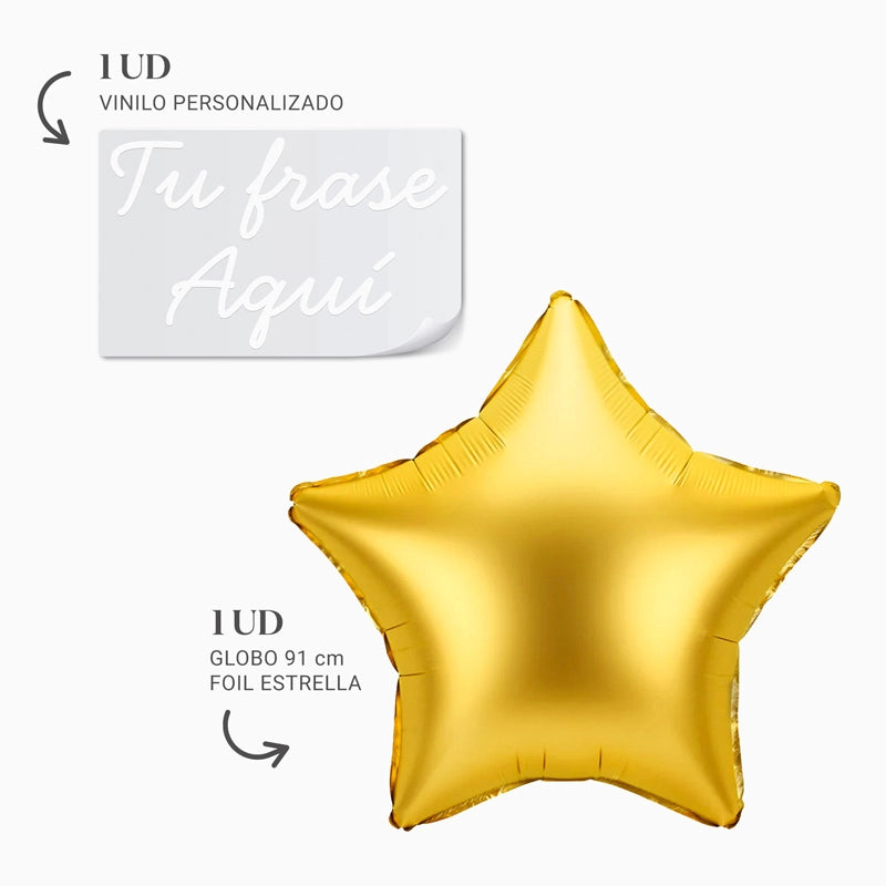 Balão de folha de estrela dourada XL personalizado com frase de vinil branco