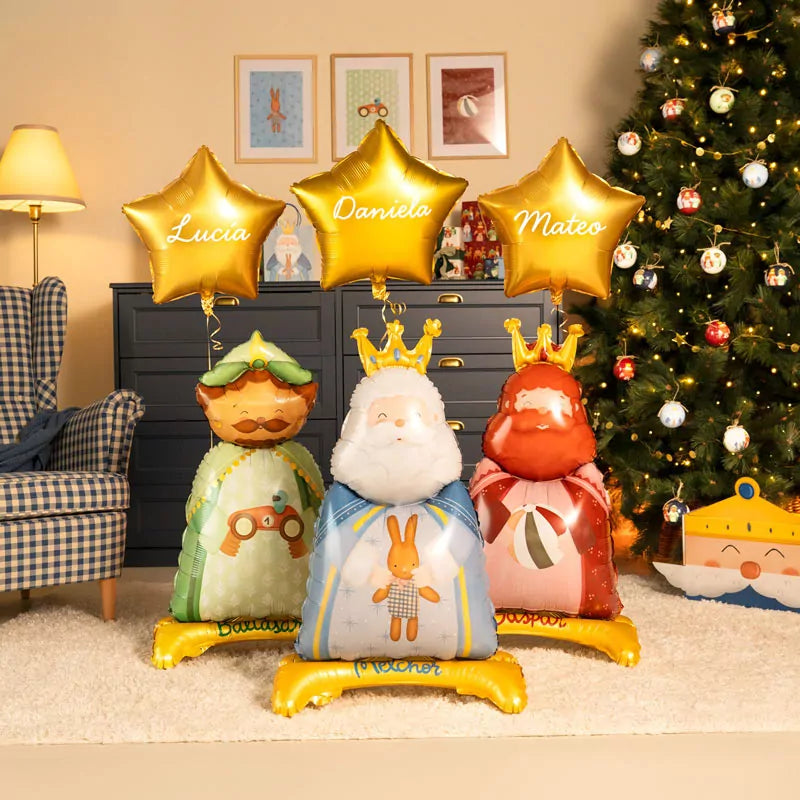 Set Globos Foil Petit Reyes Magos + Estrellas + Nombres Personalizados con Vinilo Blanco