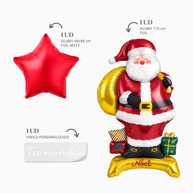Balloon with Foil Base Santa Claus and Red Star 'Name' Personalized White Vinyl