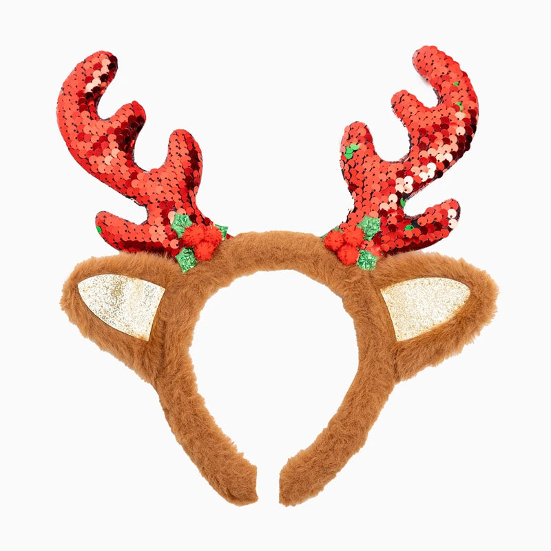 Diadema Navidad Reno con Pelo Talla Única con Lentejuelas Rojas