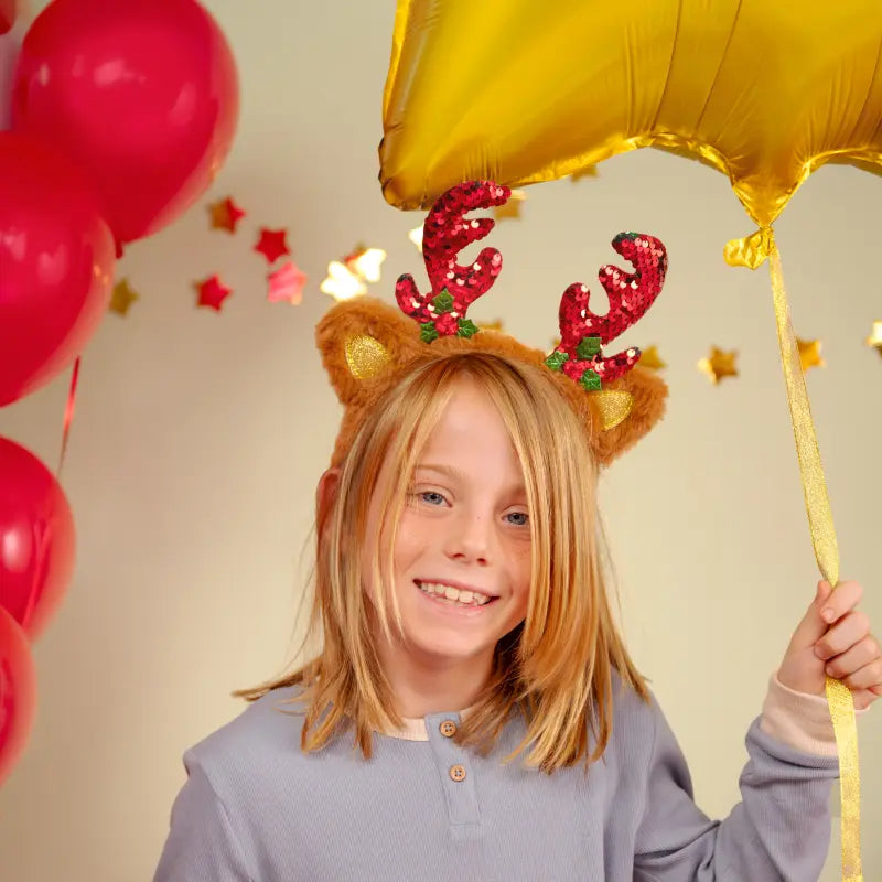 Diadema Navidad Reno con Pelo Talla Única con Lentejuelas Rojas
