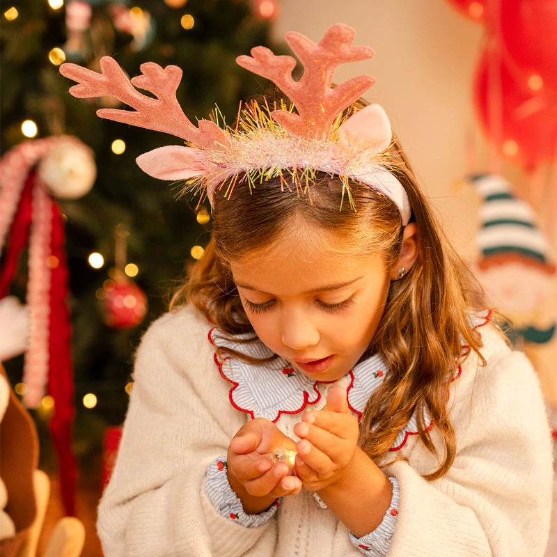 Pink Reindeer Christmas Headband with Iridescent Tinsel