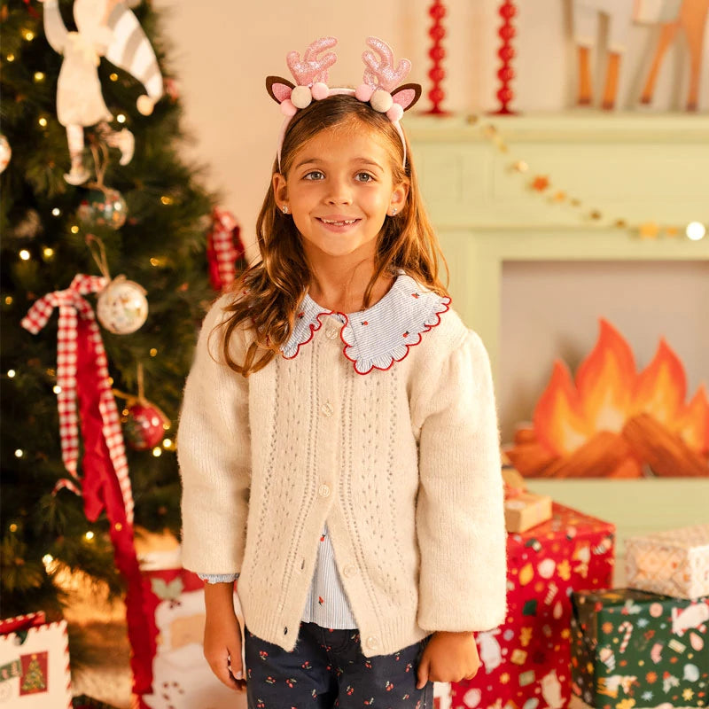Tiara de Natal com orelhas de rena e pompons rosa