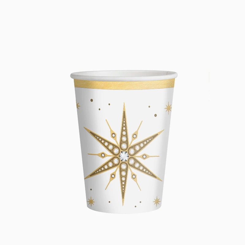 Vaso Cartón Navidad 270 cc Blanco y Dorado