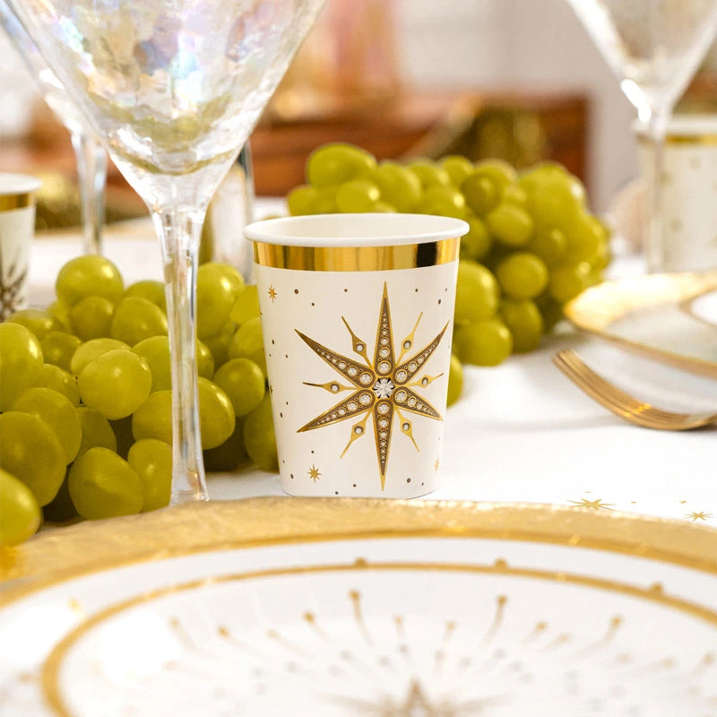 Vaso Cartón Navidad 270 cc Blanco y Dorado