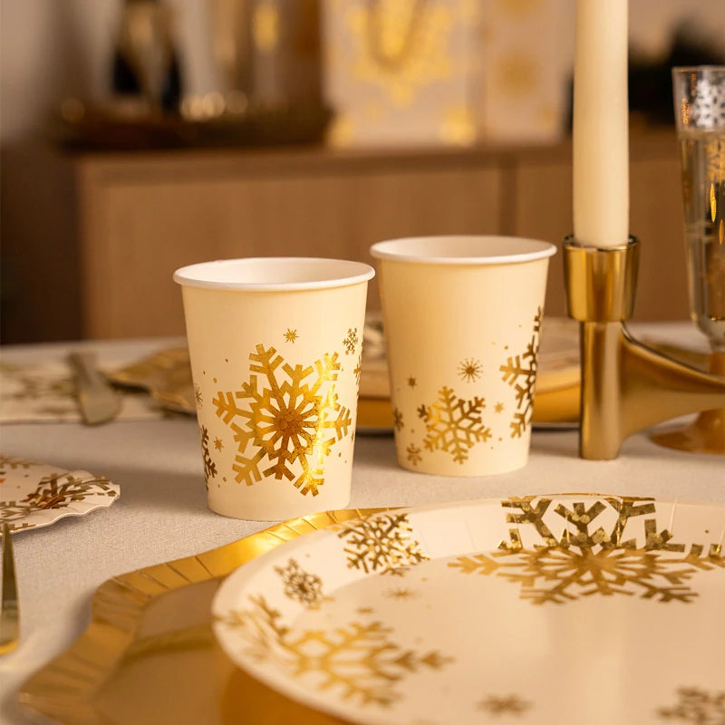 Vaso Cartón Navidad 270 cc Copo de Nieve Oro Glitter