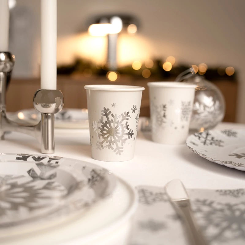 Vaso Cartón Navidad 270 cc Copo de Nieve Plata Glitter
