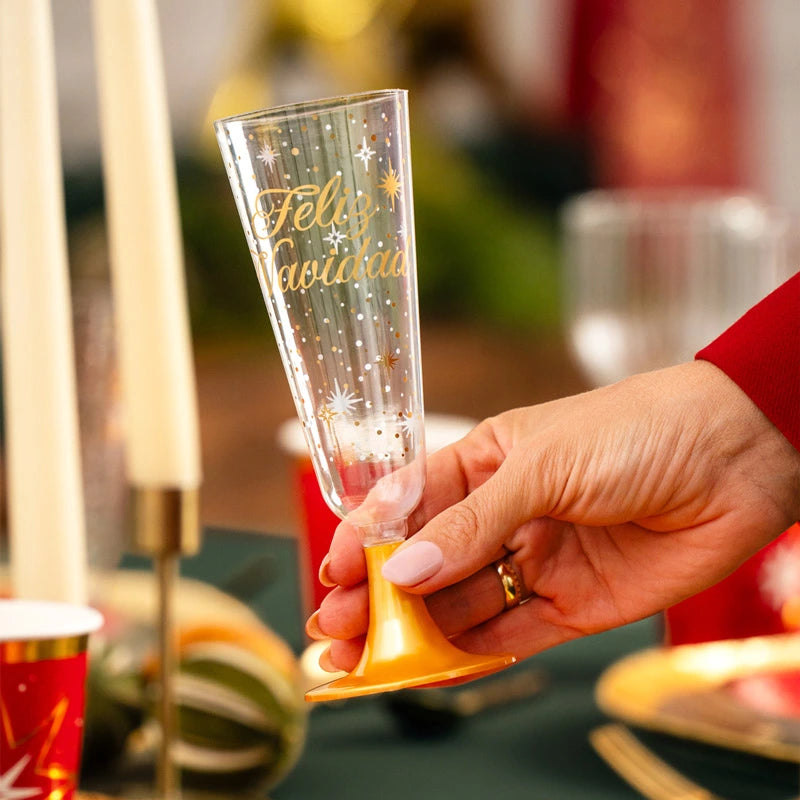 Copa Cava Plástico Reutilizable PS 150 cc Feliz Navidad Oro