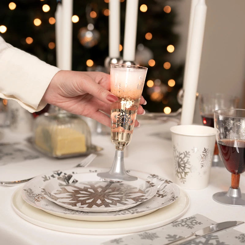 Verre à cava en plastique réutilisable PS 150 cc flocon de neige argent pailleté