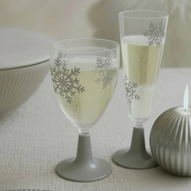 Verre à cava en plastique réutilisable PS 150 cc flocon de neige argent pailleté