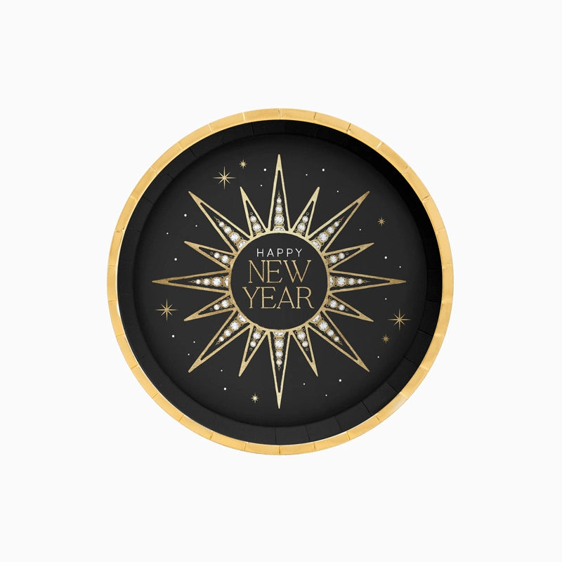 Plato Cartón Llano Redondo Postre Ø 17 cm Nochevieja 'Happy New Year'