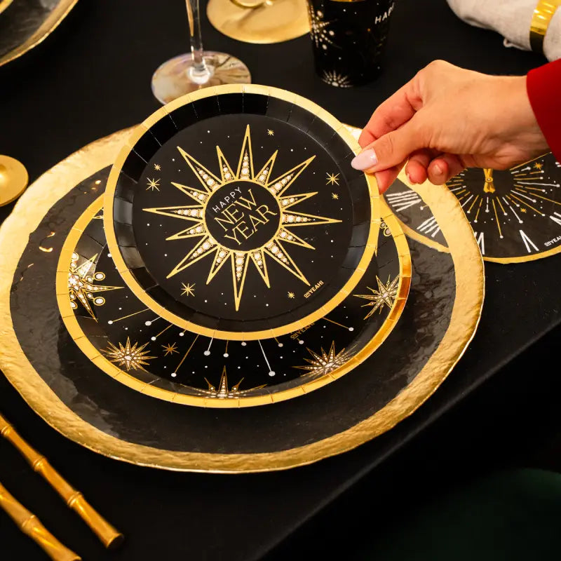 Plato Cartón Llano Redondo Postre Ø 17 cm Nochevieja 'Happy New Year'