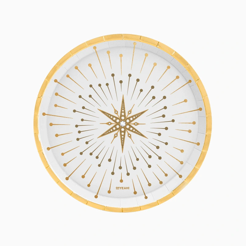 Plato Cartón Llano Redondo Navidad Ø 23 cm Blanco y Dorado