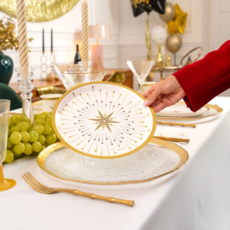 Plato Cartón Llano Redondo Navidad Ø 23 cm Blanco y Dorado