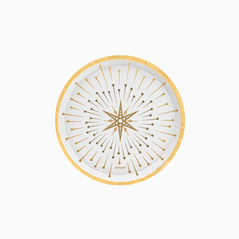 Plato Cartón Llano Redondo Postre Navidad Ø 17 cm Blanco y Dorado