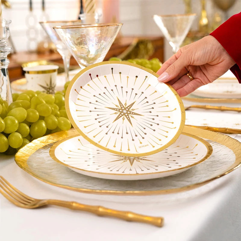 Plato Cartón Llano Redondo Postre Navidad Ø 17 cm Blanco y Dorado