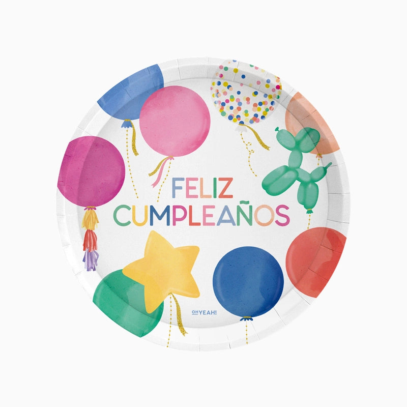 Plato Cartón Llano Globos Ø 23 cm 'Feliz Cumpleaños'