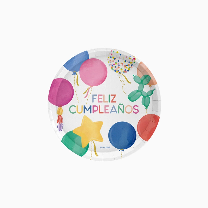 Plato Cartón Llano Postre Globos Ø 17 cm 'Feliz Cumpleaños'