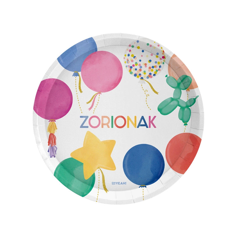 Plato Cartón Llano Globos Ø 23 cm 'Zorionak' - Euskera