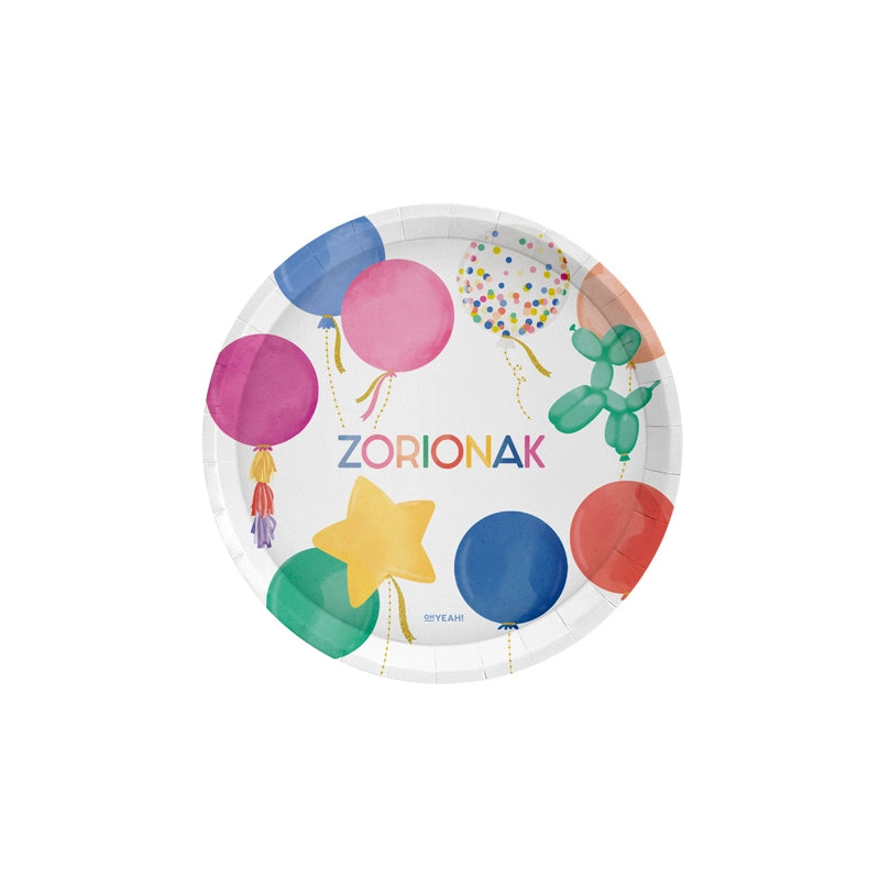 Plato Cartón Llano Postre Globos Ø 17 cm 'Zorionak' - Euskera