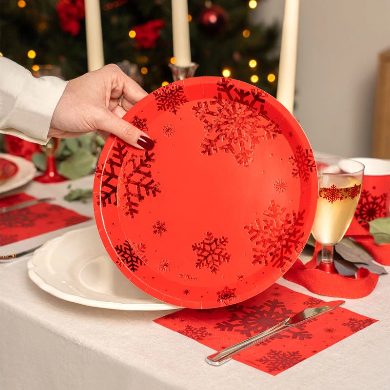 Plato Cartón Llano Navidad Ø 23 cm Copo de Nieve Rojo Glitter