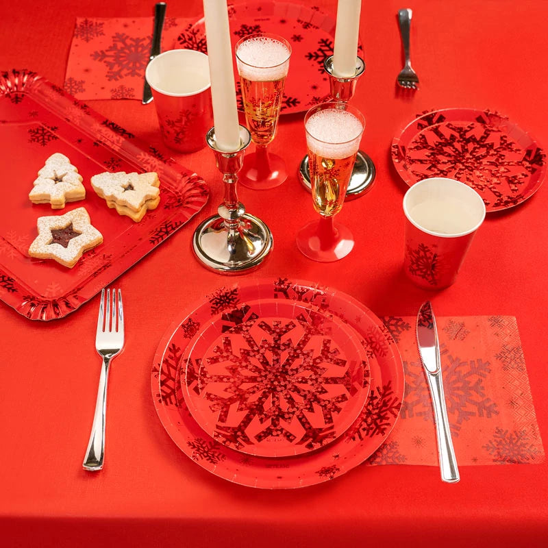 Bandeja Retangular de Cartão de Natal 25 x 34 cm Floco de Neve com Brilho Vermelho