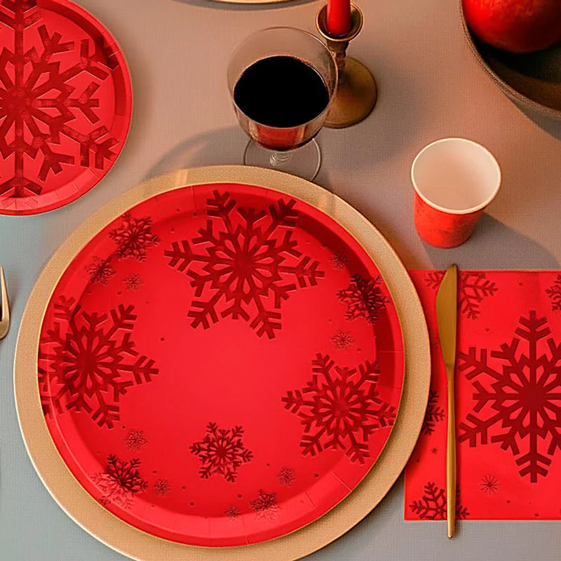 Prato plano de cartão para sobremesa de Natal Ø 17 cm floco de neve vermelho brilhante