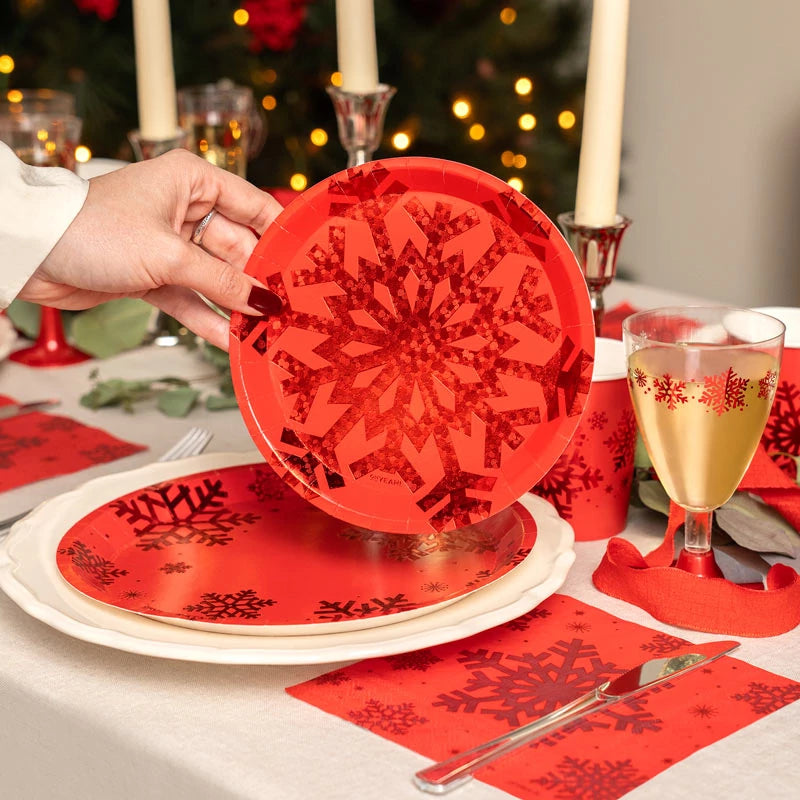 Plato Cartón Llano Postre Navidad Ø 17 cm Copo de Nieve Rojo Glitter