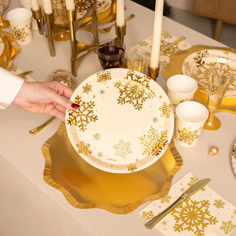 Plato Cartón Llano Navidad Ø 23 cm Copo de Nieve Oro Glitter