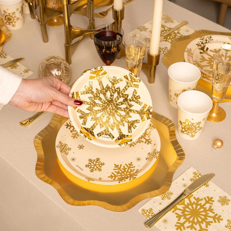 Piatto Piano Dessert Natalizio in Cartone Ø 17 cm Fiocco di Neve Glitter Oro