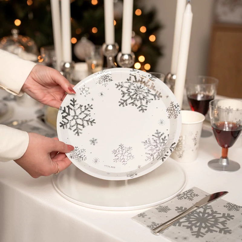 Plato Cartón Llano Navidad Ø 23 cm Copo de Nieve Plata Glitter