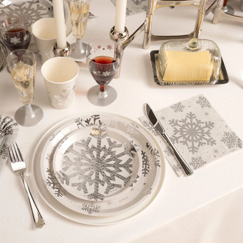 Plato Cartón Llano Postre Navidad Ø 17 cm Copo de Nieve Plata Glitter
