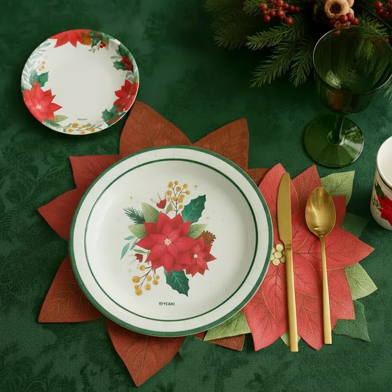 Plato Cartón Llano Postre Navidad Ø 17 cm Flor de Pascua