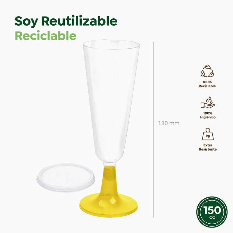 Cava en plastique réutilisable PP 150 cc avec couvercle doré (4 unités)