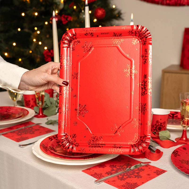 Bandeja Retangular de Cartão de Natal 25 x 34 cm Floco de Neve com Brilho Vermelho