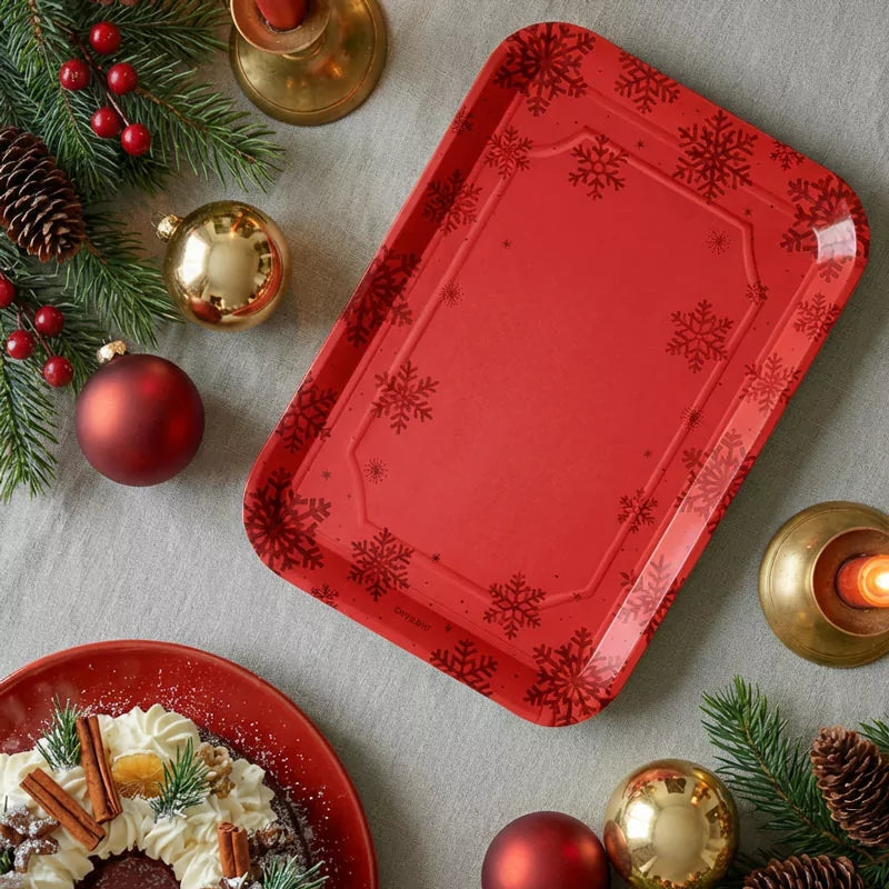 Christmas Cardboard Rectangular Tray 25 x 34 cm Red Glitter Snowflake