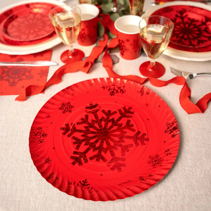 Plateau rond en carton de Noël Ø 30 cm Flocon de neige rouge pailleté